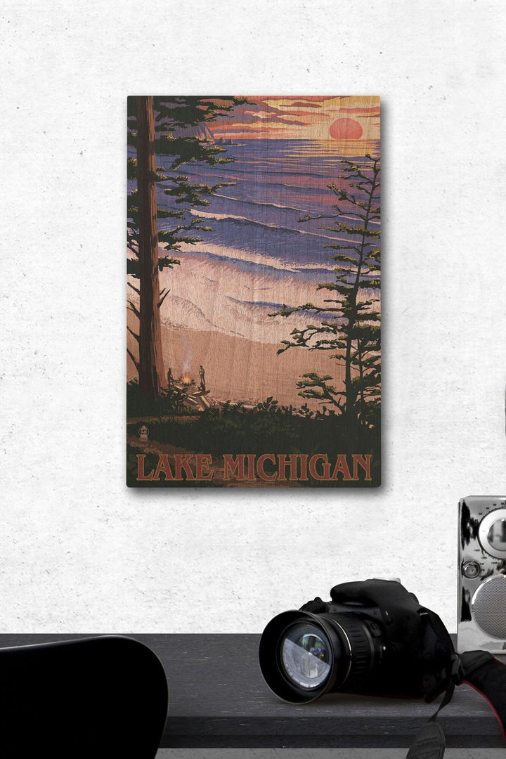 Lake Michigan, Sunset on Beach, Lantern Press Artwork, Wood Signs and Postcards - Lantern Press