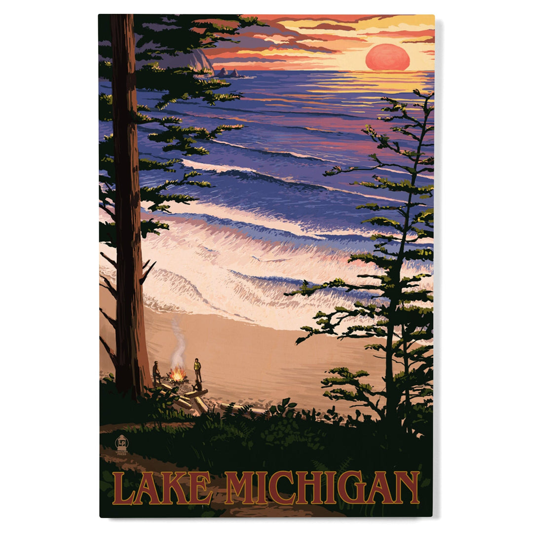 Lake Michigan, Sunset on Beach, Lantern Press Artwork, Wood Signs and Postcards - Lantern Press