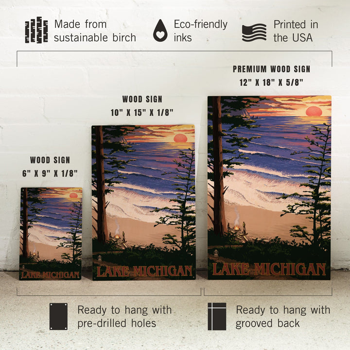 Lake Michigan, Sunset on Beach, Lantern Press Artwork, Wood Signs and Postcards - Lantern Press