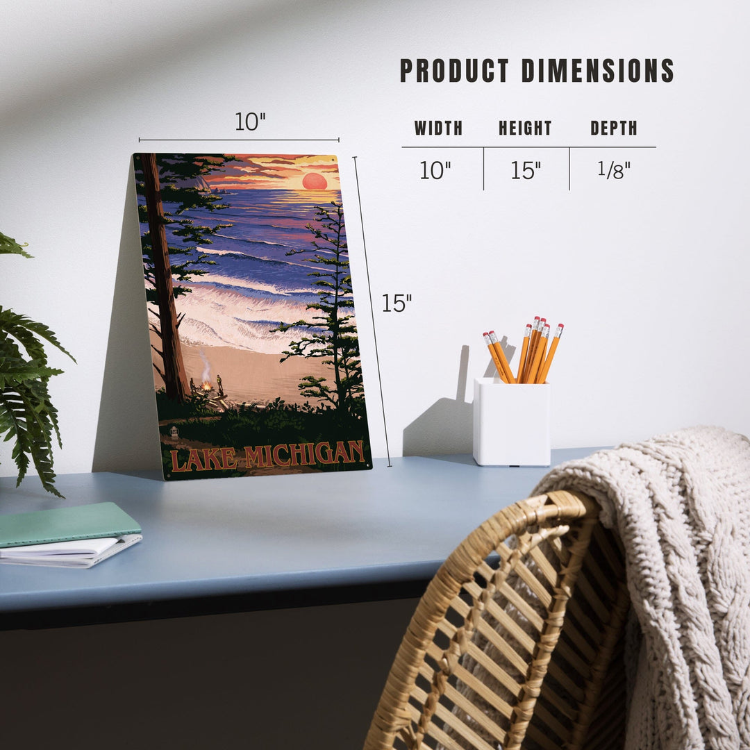 Lake Michigan, Sunset on Beach, Lantern Press Artwork, Wood Signs and Postcards - Lantern Press