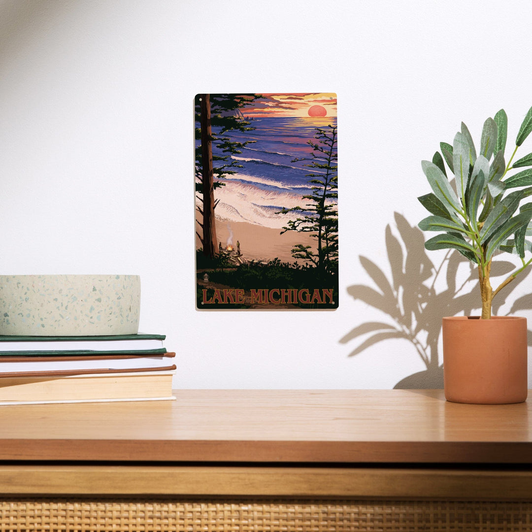 Lake Michigan, Sunset on Beach, Lantern Press Artwork, Wood Signs and Postcards - Lantern Press