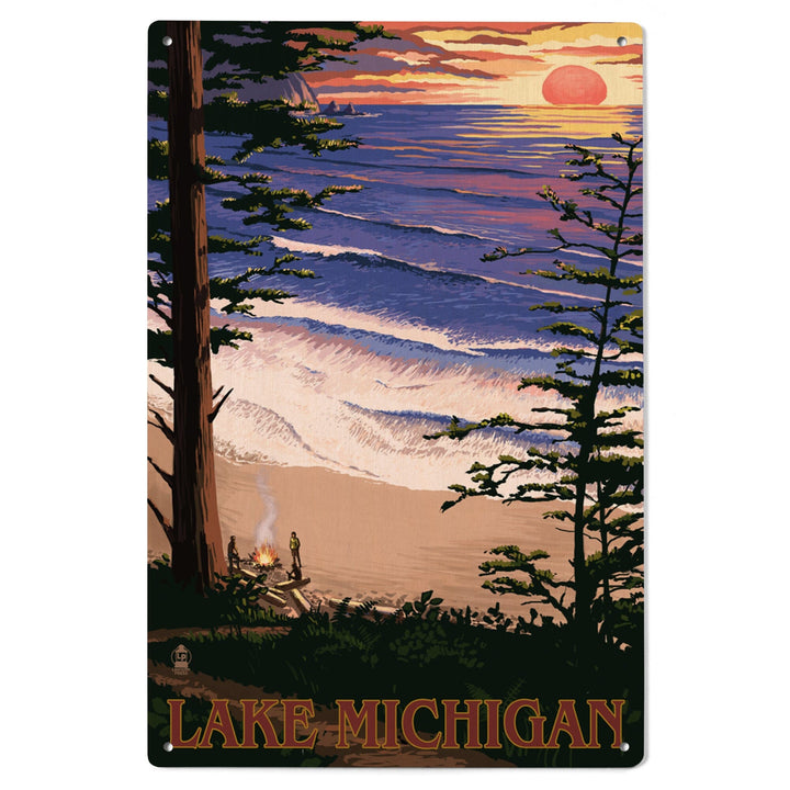 Lake Michigan, Sunset on Beach, Lantern Press Artwork, Wood Signs and Postcards - Lantern Press