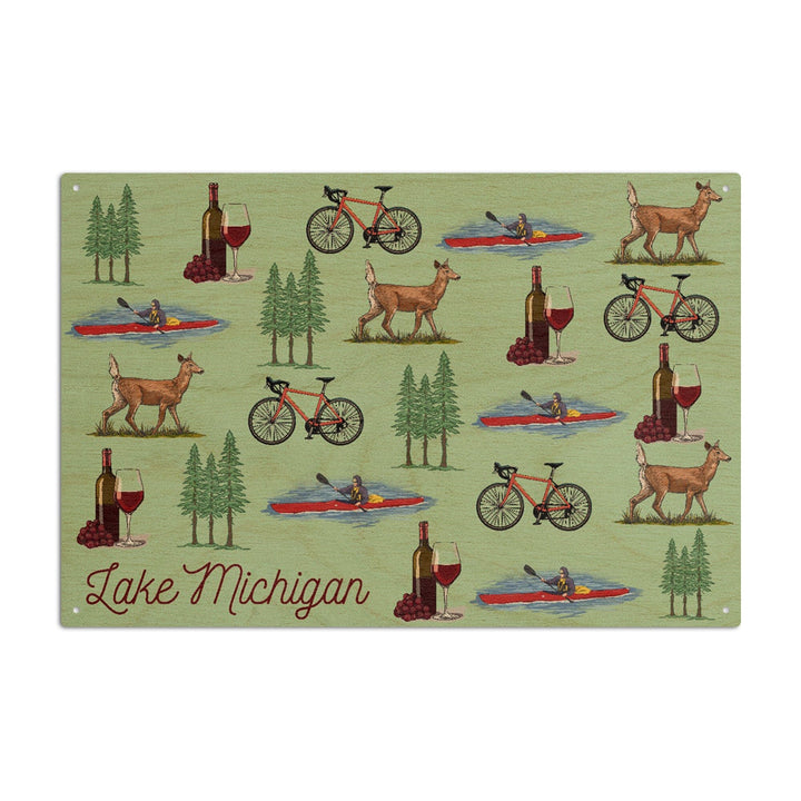 Lake Michigan, Wine, Bicycle, Deer, Kayak Pattern, Lantern Press Artwork, Wood Signs and Postcards - Lantern Press