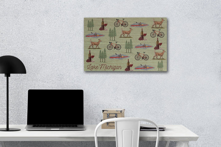 Lake Michigan, Wine, Bicycle, Deer, Kayak Pattern, Lantern Press Artwork, Wood Signs and Postcards - Lantern Press