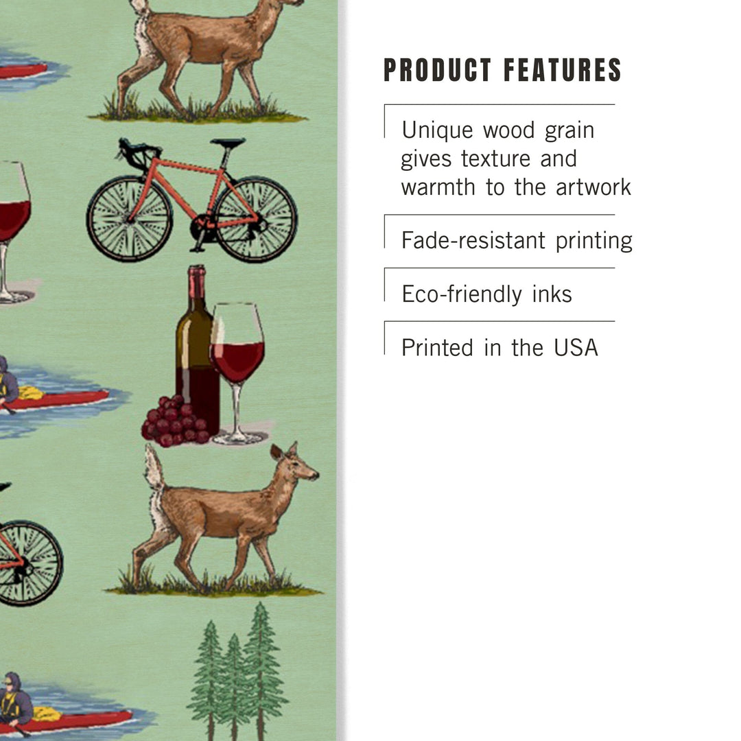 Lake Michigan, Wine, Bicycle, Deer, Kayak Pattern, Lantern Press Artwork, Wood Signs and Postcards - Lantern Press