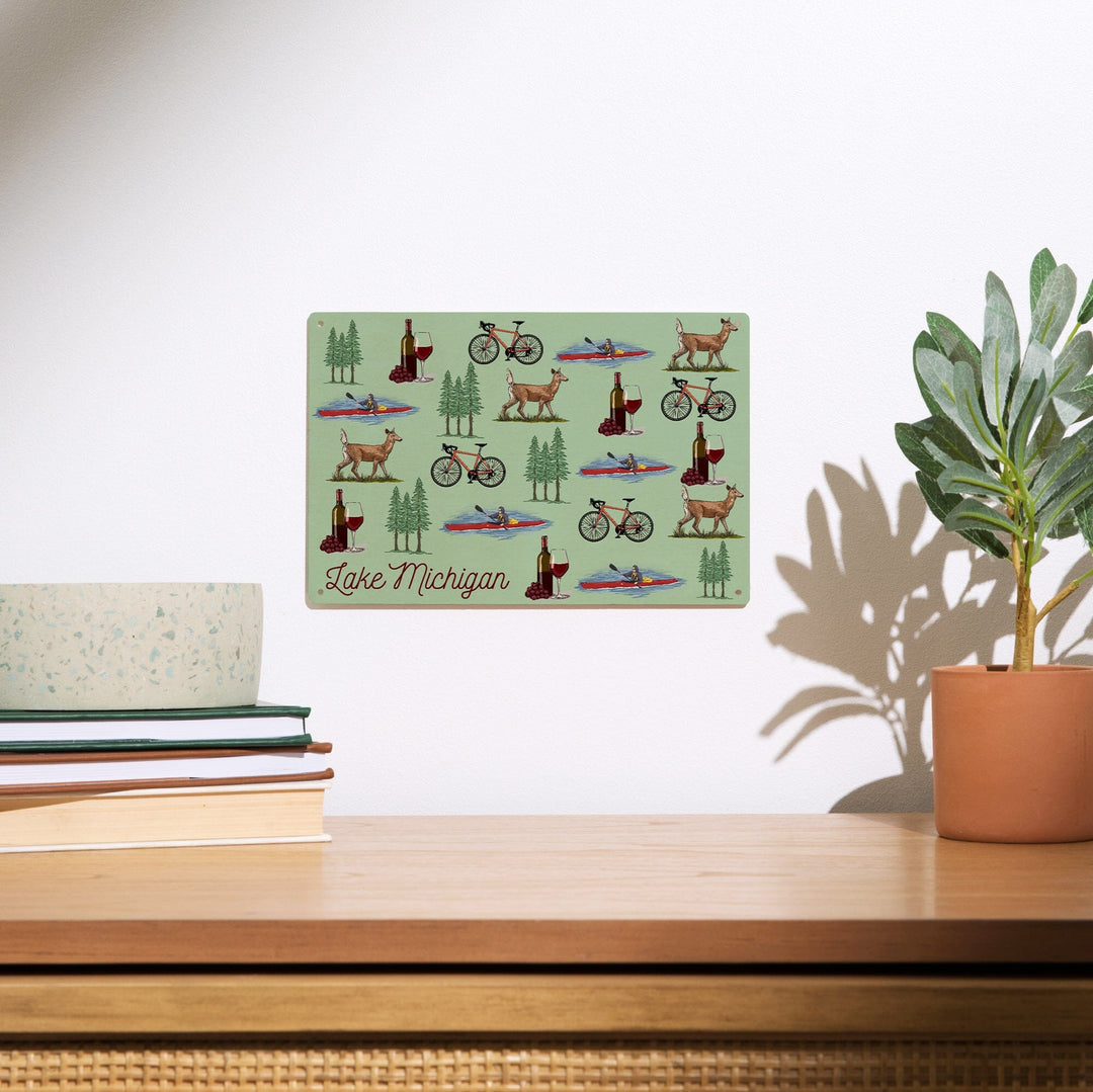 Lake Michigan, Wine, Bicycle, Deer, Kayak Pattern, Lantern Press Artwork, Wood Signs and Postcards - Lantern Press