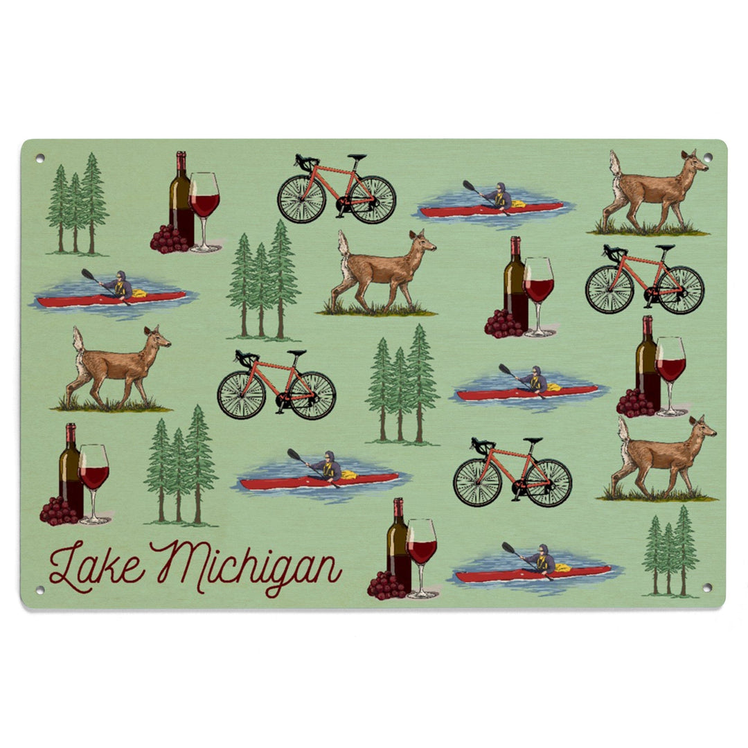 Lake Michigan, Wine, Bicycle, Deer, Kayak Pattern, Lantern Press Artwork, Wood Signs and Postcards - Lantern Press