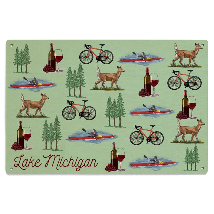 Lake Michigan, Wine, Bicycle, Deer, Kayak Pattern, Lantern Press Artwork, Wood Signs and Postcards - Lantern Press