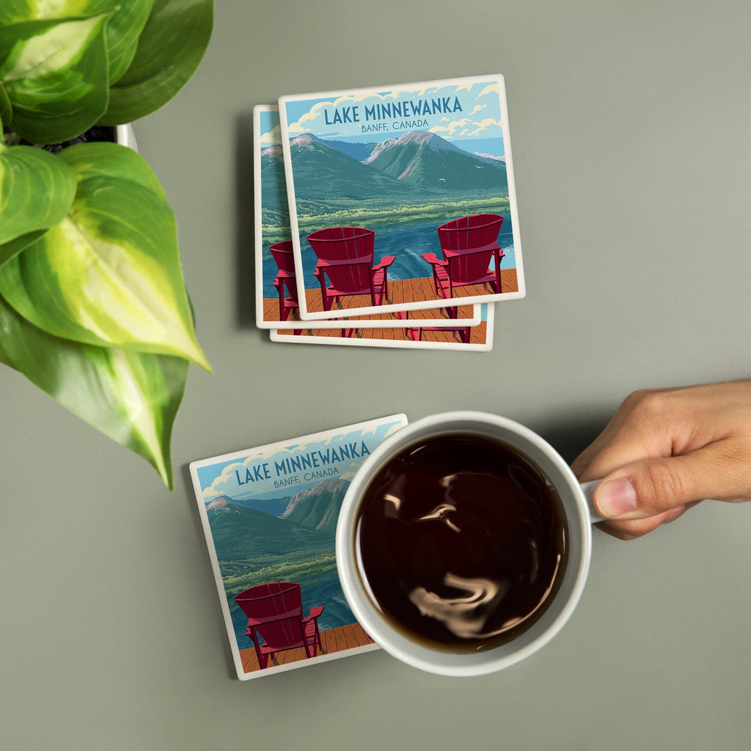 Lake Minnewanka with Adirondack Chairs, Banff Canada, Painterly, Coasters Coasters Lantern Press