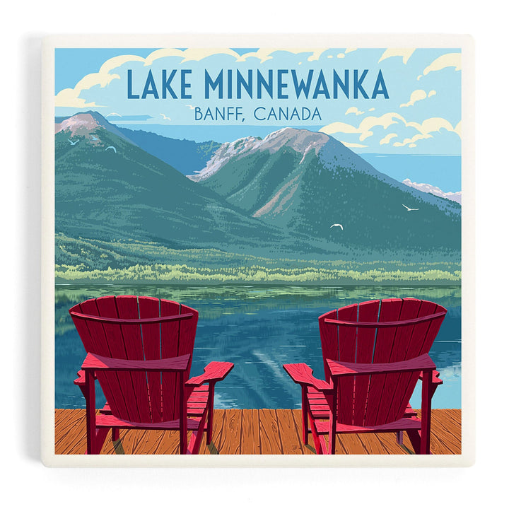 Lake Minnewanka with Adirondack Chairs, Banff Canada, Painterly, Coasters Coasters Lantern Press