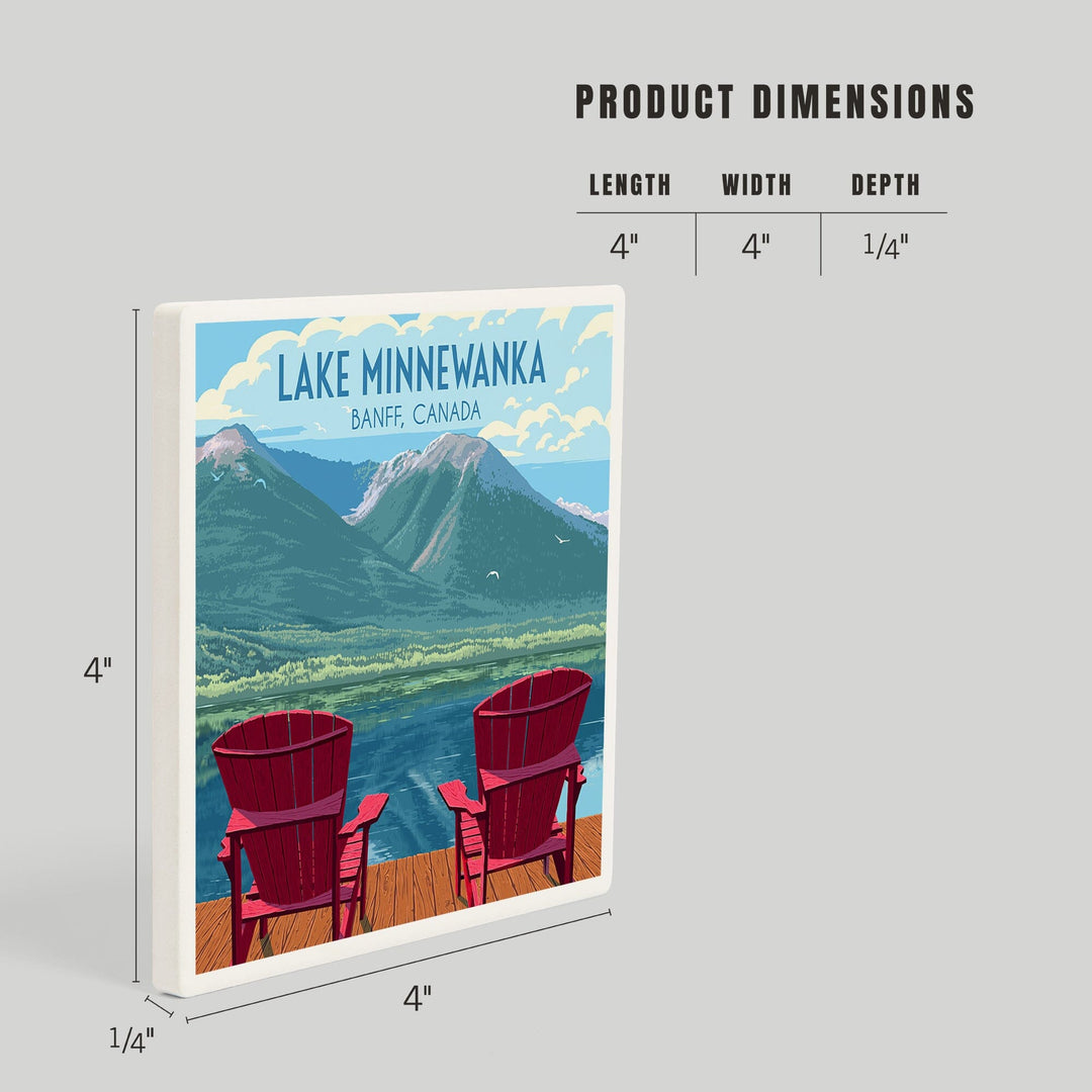 Lake Minnewanka with Adirondack Chairs, Banff Canada, Painterly, Coasters Coasters Lantern Press