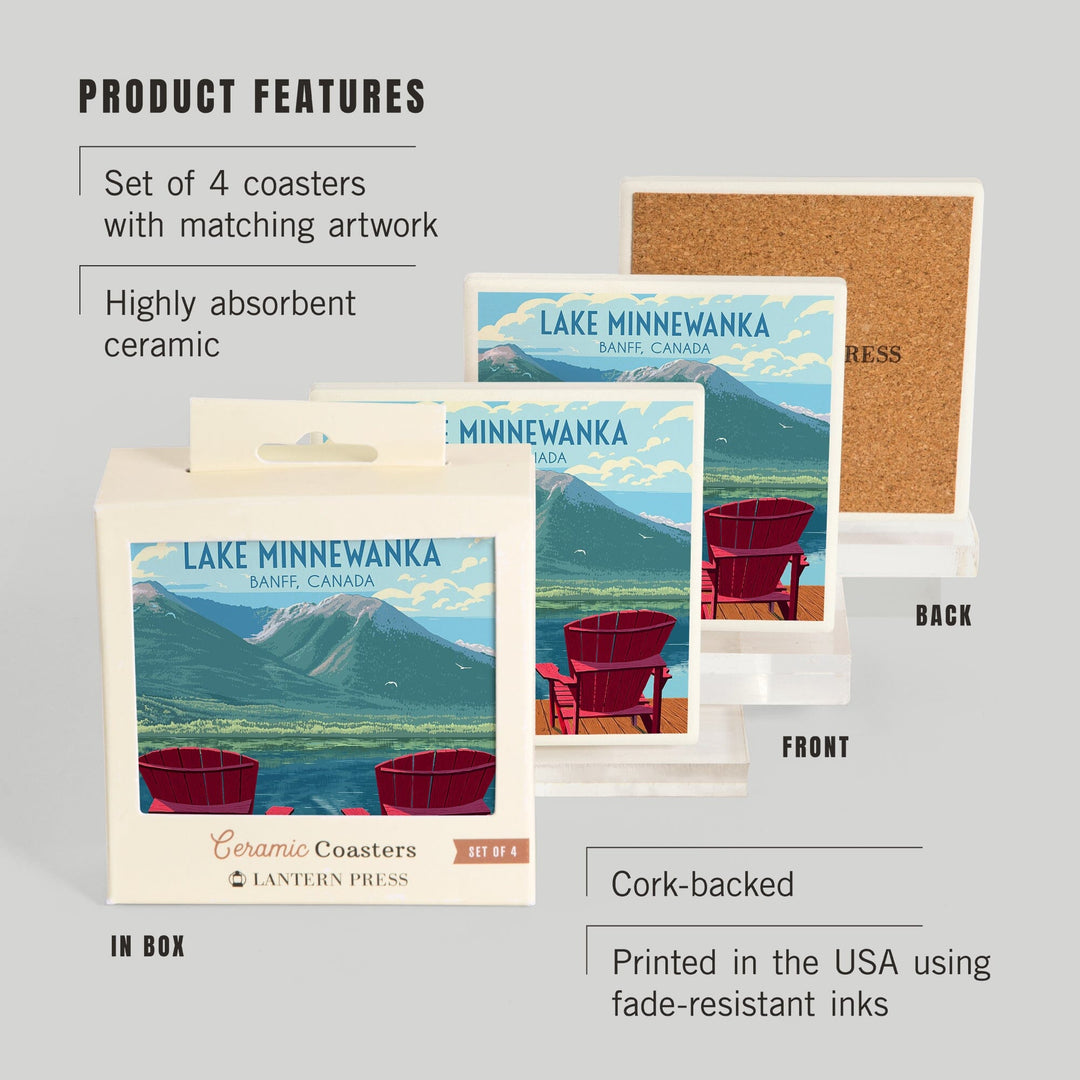 Lake Minnewanka with Adirondack Chairs, Banff Canada, Painterly, Coasters Coasters Lantern Press