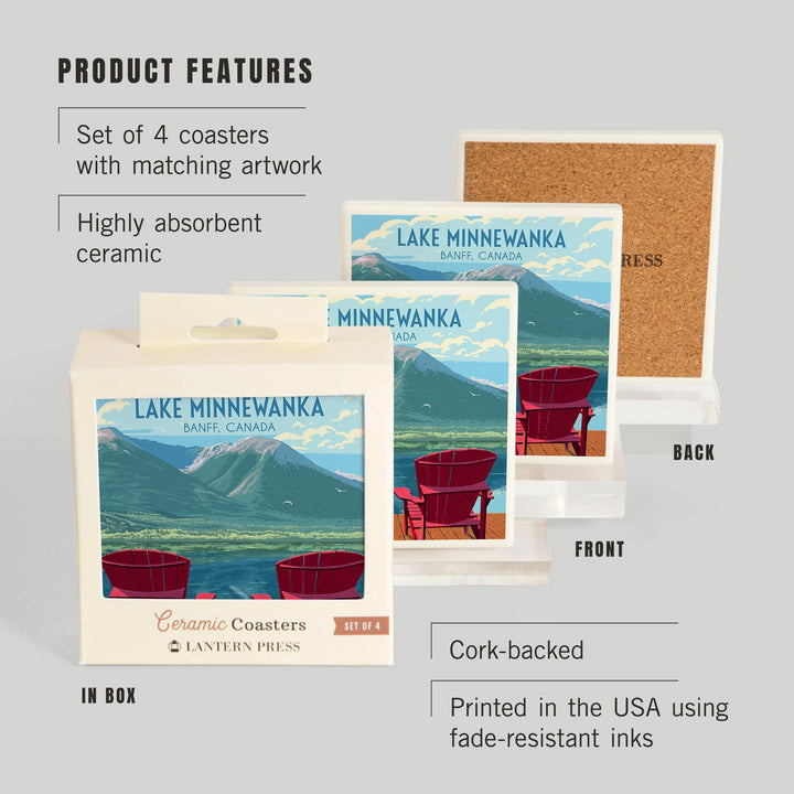 Lake Minnewanka with Adirondack Chairs, Banff Canada, Painterly, Coasters Coasters Lantern Press