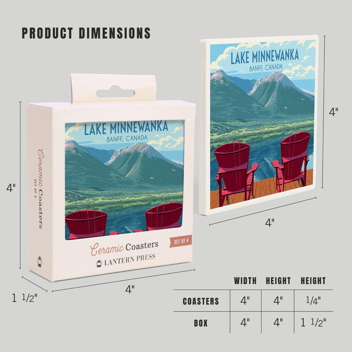 Lake Minnewanka with Adirondack Chairs, Banff Canada, Painterly, Coasters Coasters Lantern Press