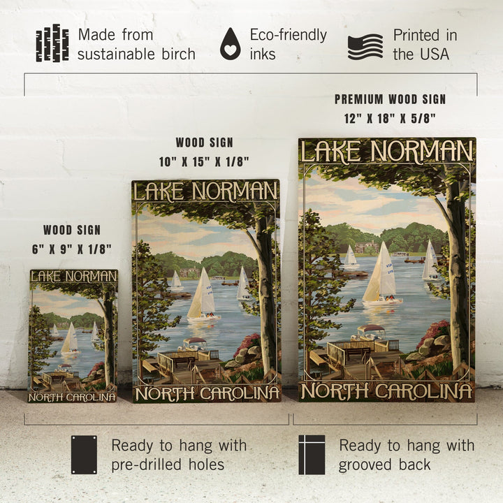 Lake Norman, North Carolina, Lake View with Sailboats, Lantern Press Artwork, Wood Signs and Postcards - Lantern Press