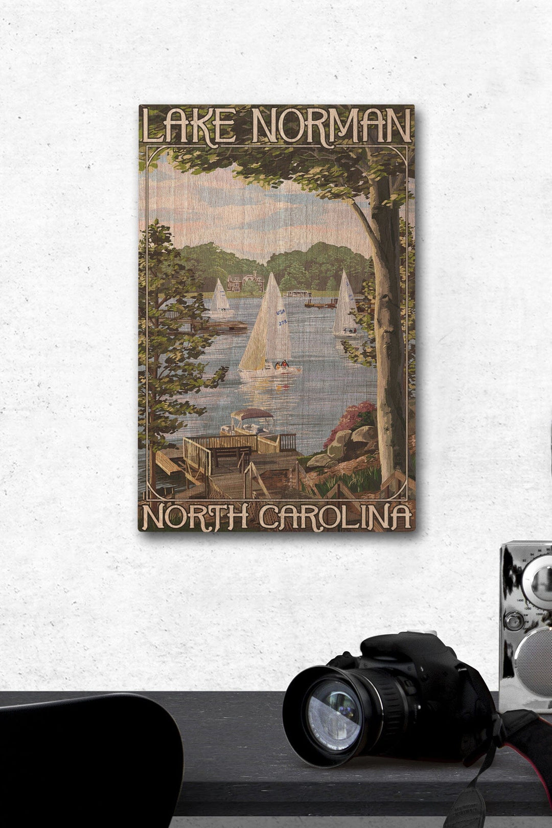 Lake Norman, North Carolina, Lake View with Sailboats, Lantern Press Artwork, Wood Signs and Postcards - Lantern Press