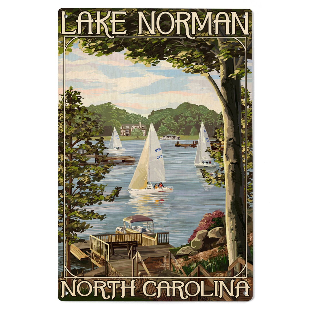 Lake Norman, North Carolina, Lake View with Sailboats, Lantern Press Artwork, Wood Signs and Postcards - Lantern Press