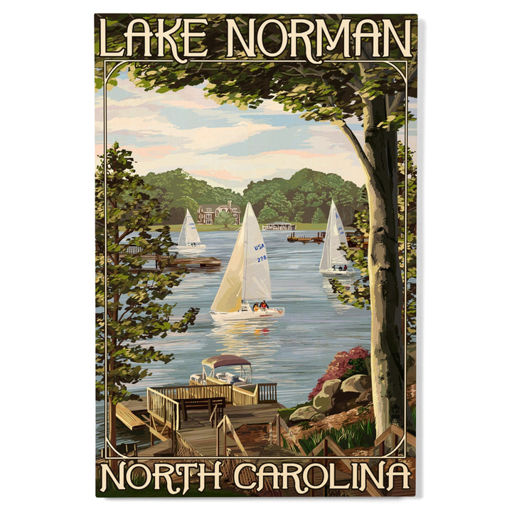 Lake Norman, North Carolina, Lake View with Sailboats, Lantern Press Artwork, Wood Signs and Postcards - Lantern Press