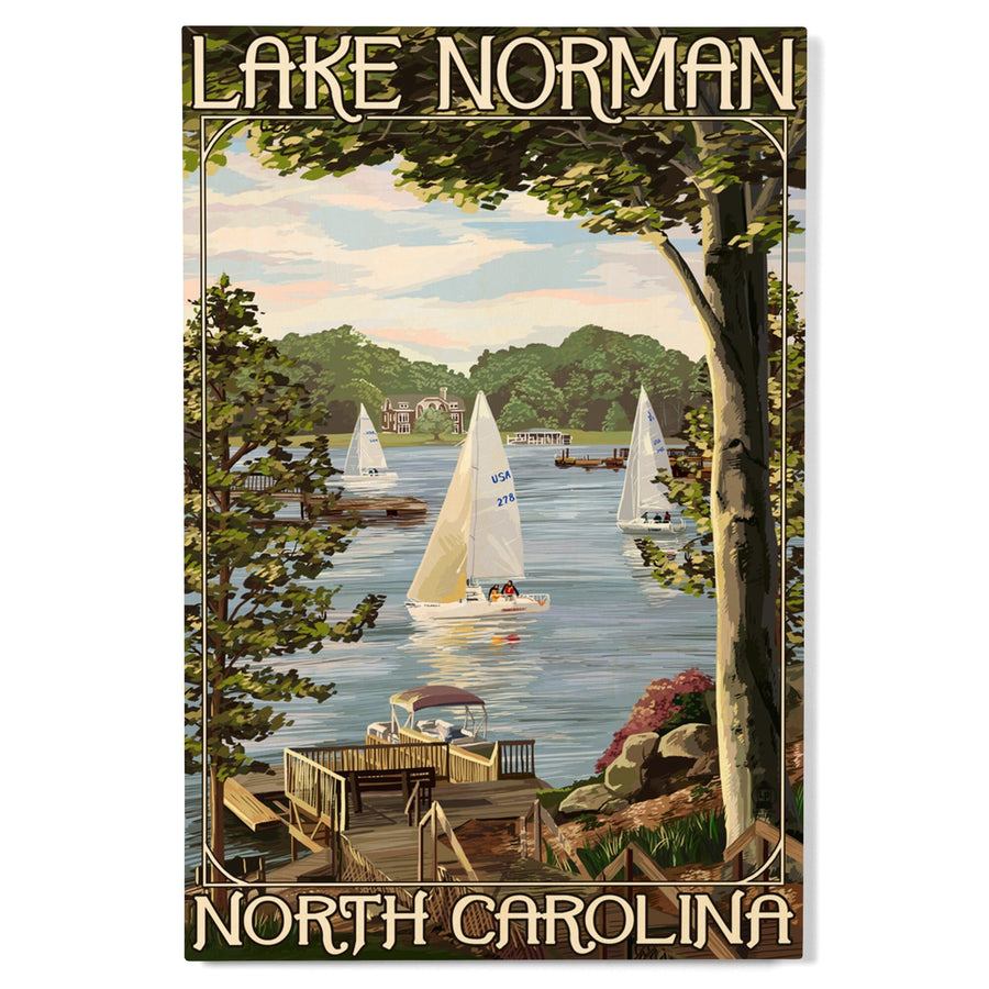 Lake Norman, North Carolina, Lake View with Sailboats, Lantern Press Artwork, Wood Signs and Postcards - Lantern Press