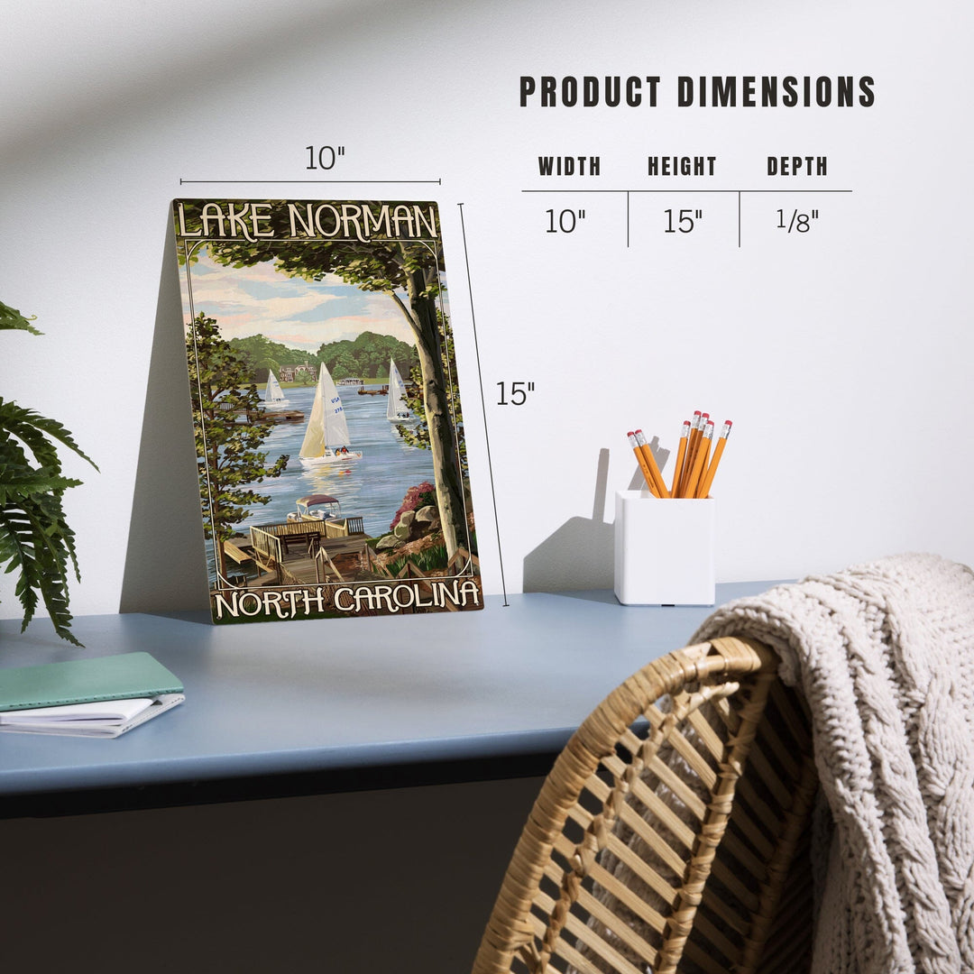 Lake Norman, North Carolina, Lake View with Sailboats, Lantern Press Artwork, Wood Signs and Postcards - Lantern Press