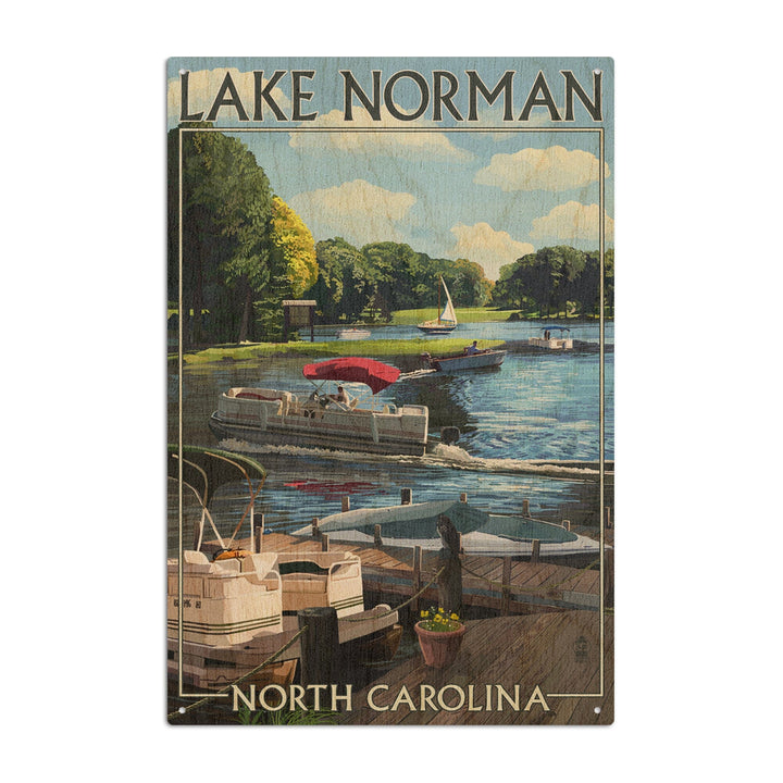 Lake Norman, North Carolina, Pontoon Boats, Lantern Press Artwork, Wood Signs and Postcards - Lantern Press