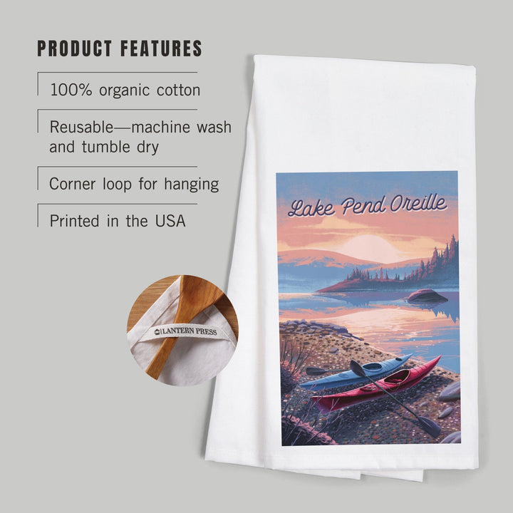 Lake Pend Oreille, Idaho, Glassy Sunrise, Kayak, Organic Cotton Kitchen Tea Towels Kitchen Lantern Press