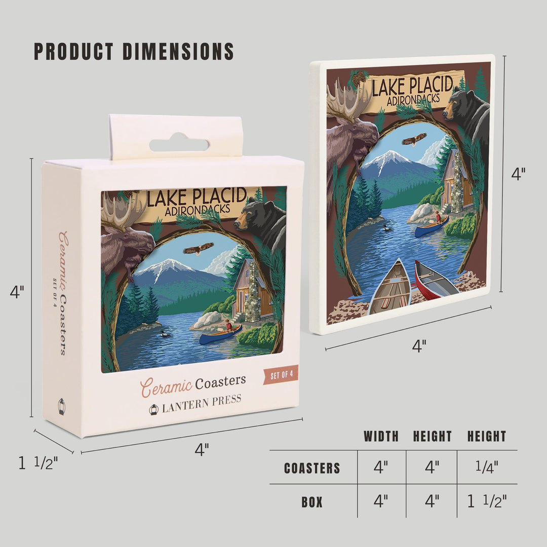 Lake Placid, New York, Adirondacks Canoe Scene, Coasters Coasters Lantern Press