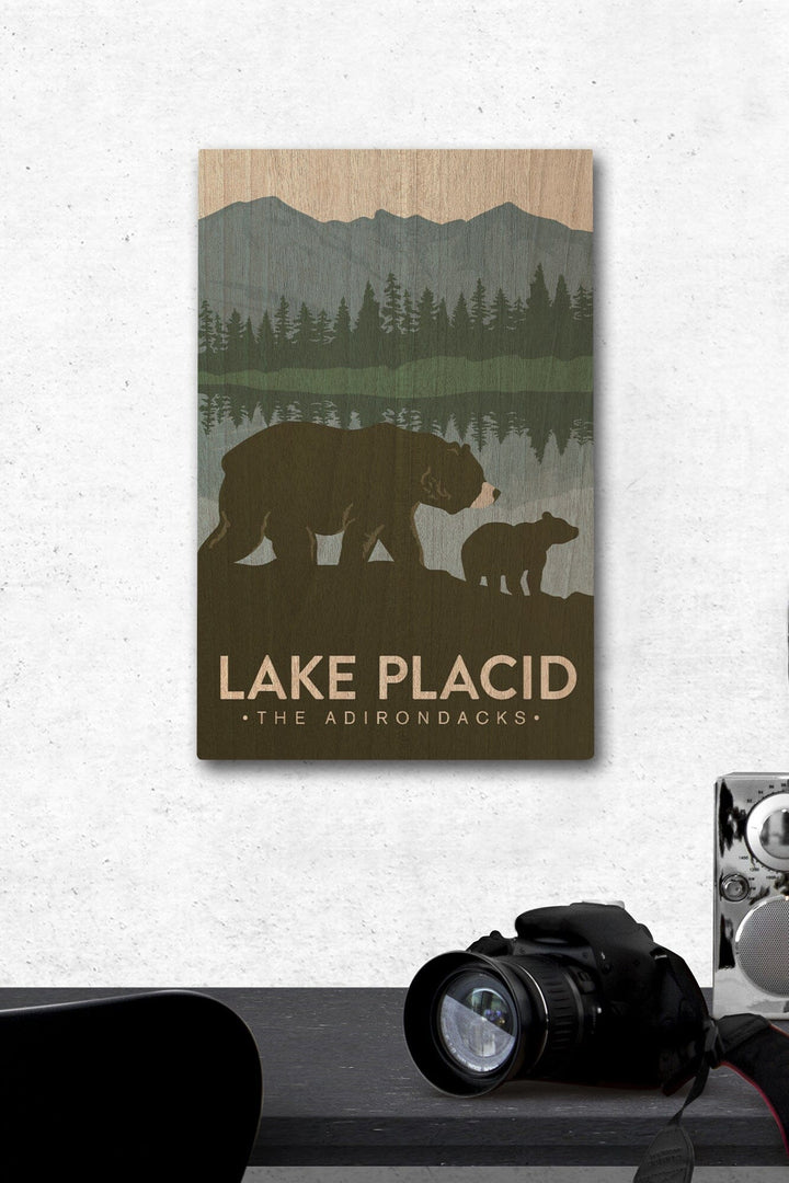 Lake Placid, New York, The Adirondacks, Grizzly Bears, Vector, Lantern Press Artwork, Wood Signs and Postcards - Lantern Press