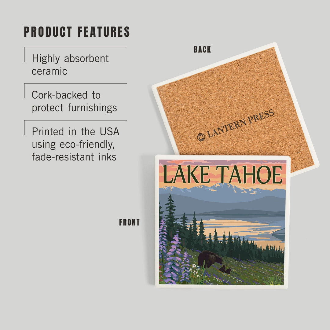 Lake Tahoe, Black Bear and Cubs and Flowers, Coasters Coasters Lantern Press