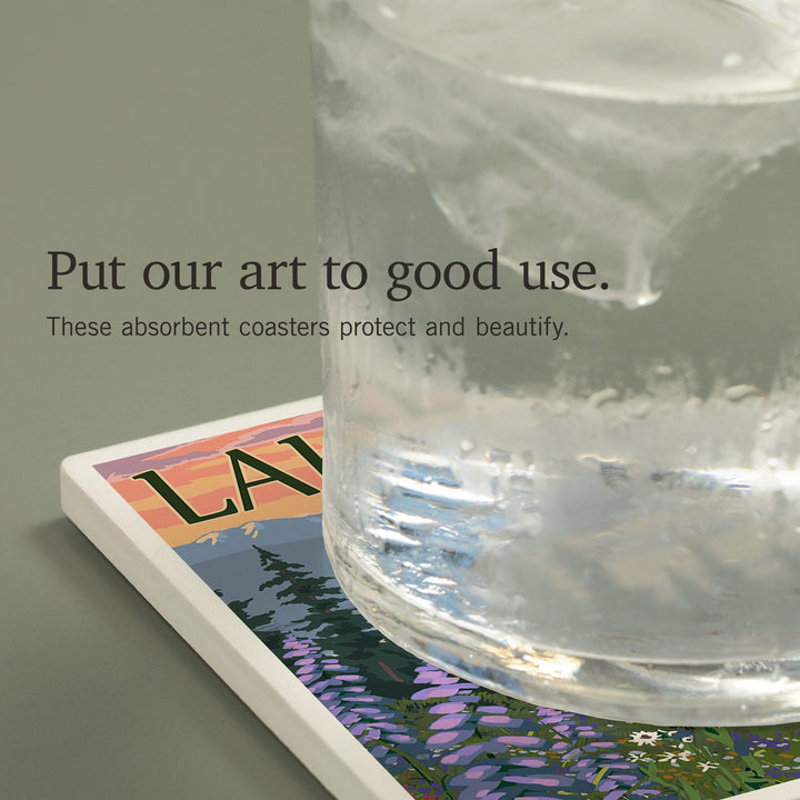 Lake Tahoe, Black Bear and Cubs and Flowers, Coasters Coasters Lantern Press