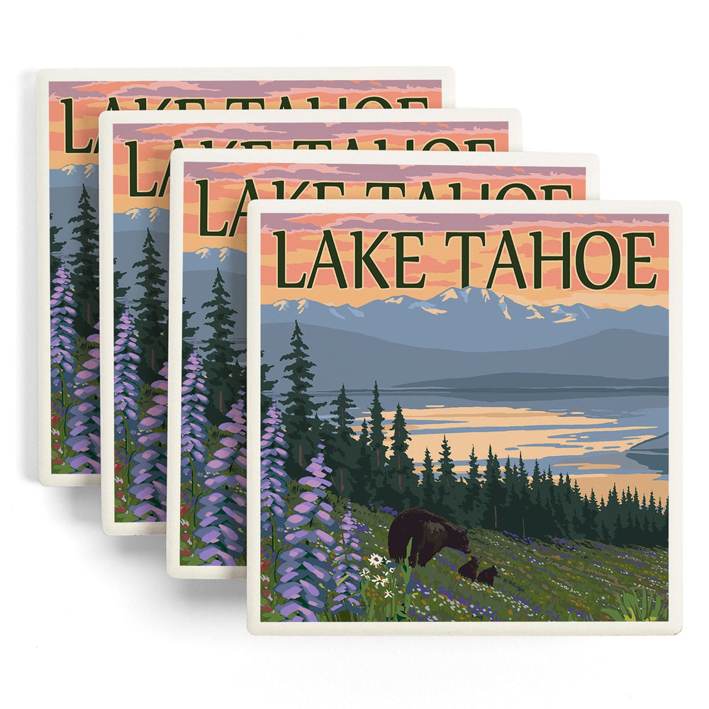 Lake Tahoe, Black Bear and Cubs and Flowers, Coasters Coasters Lantern Press