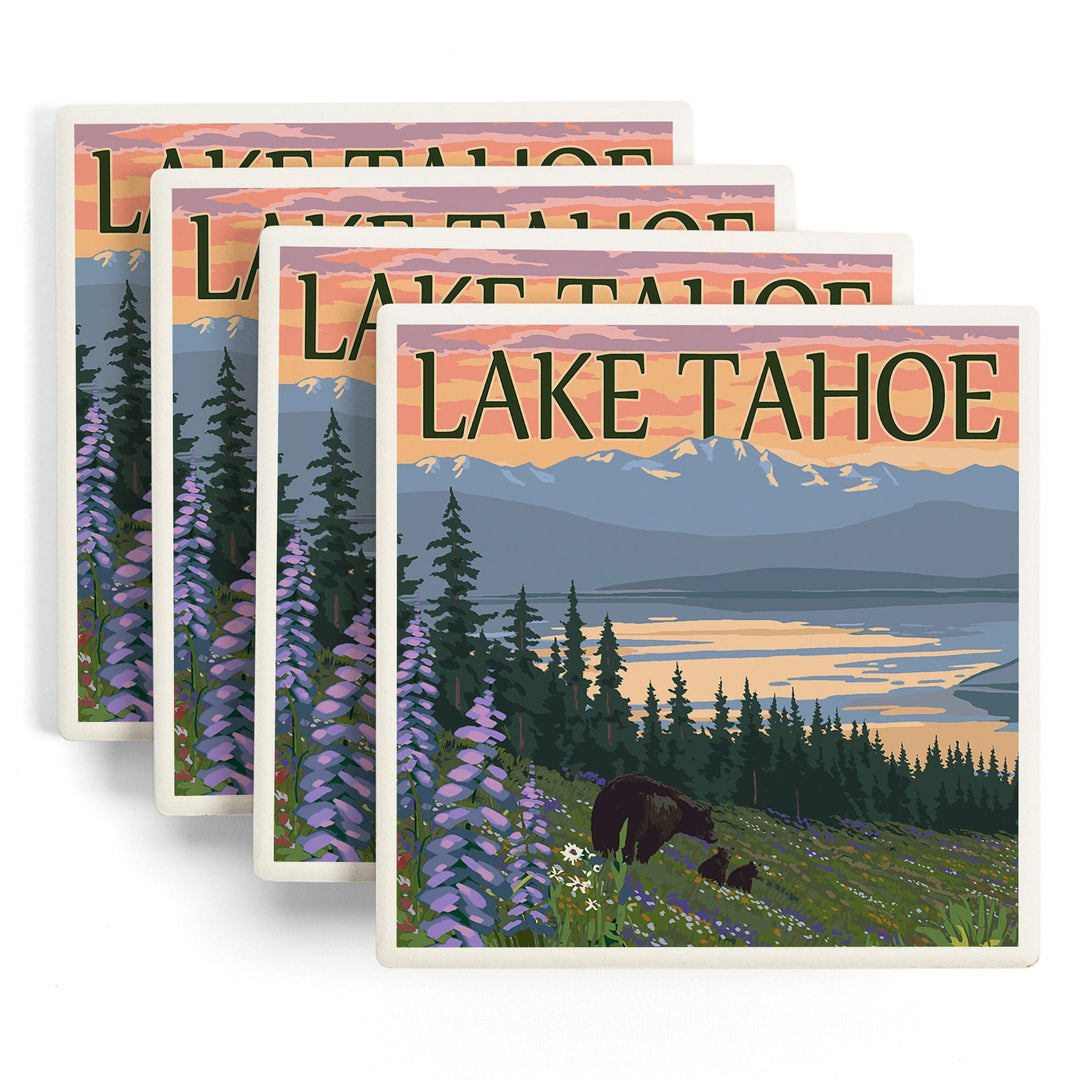 Lake Tahoe, Black Bear and Cubs and Flowers, Coasters Coasters Lantern Press