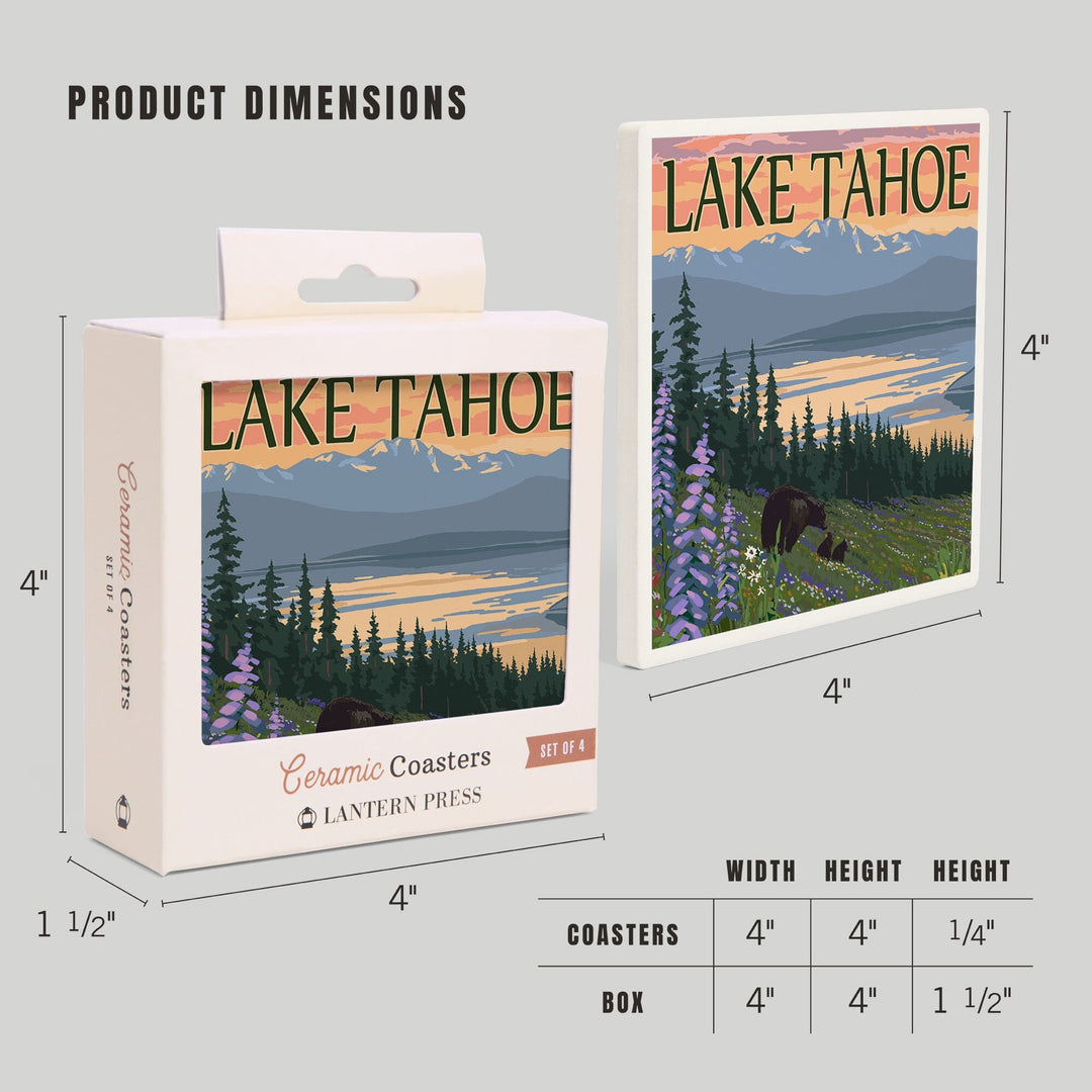 Lake Tahoe, Black Bear and Cubs and Flowers, Coasters Coasters Lantern Press