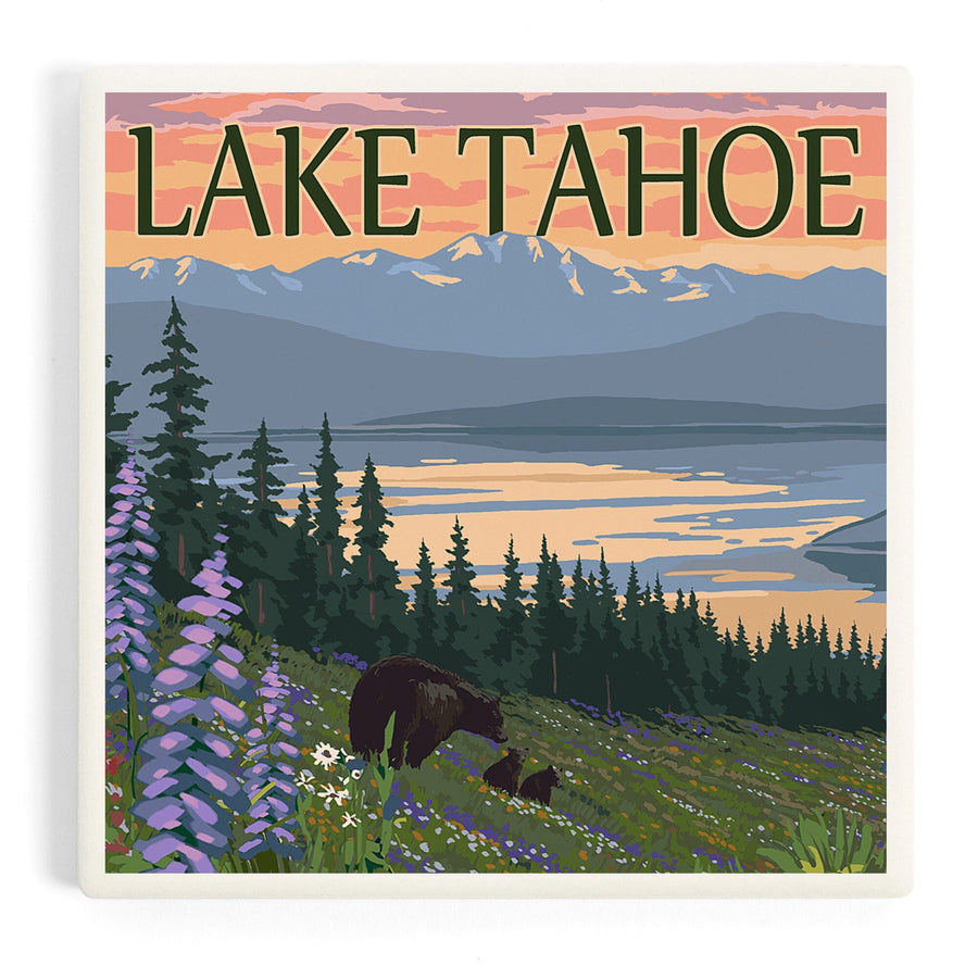 Lake Tahoe, Black Bear and Cubs and Flowers, Coasters Coasters Lantern Press