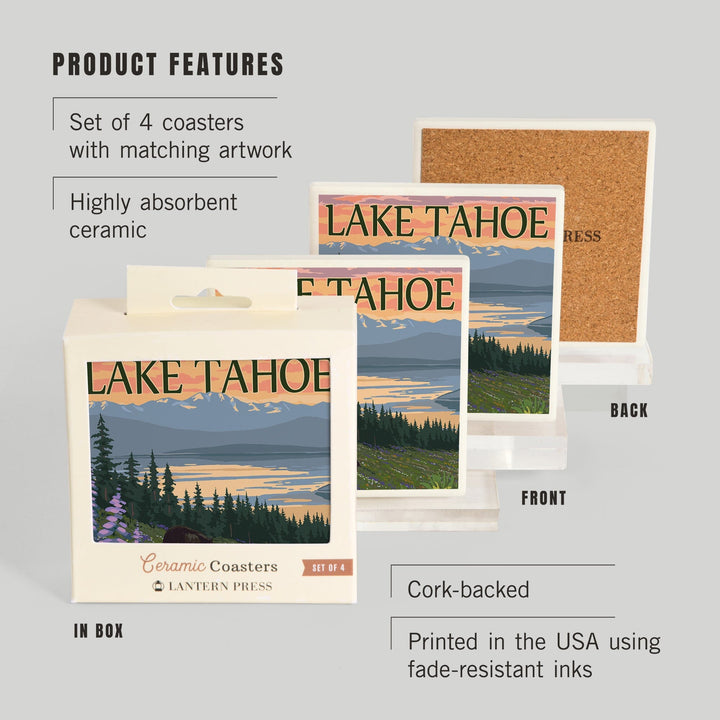 Lake Tahoe, Black Bear and Cubs and Flowers, Coasters Coasters Lantern Press