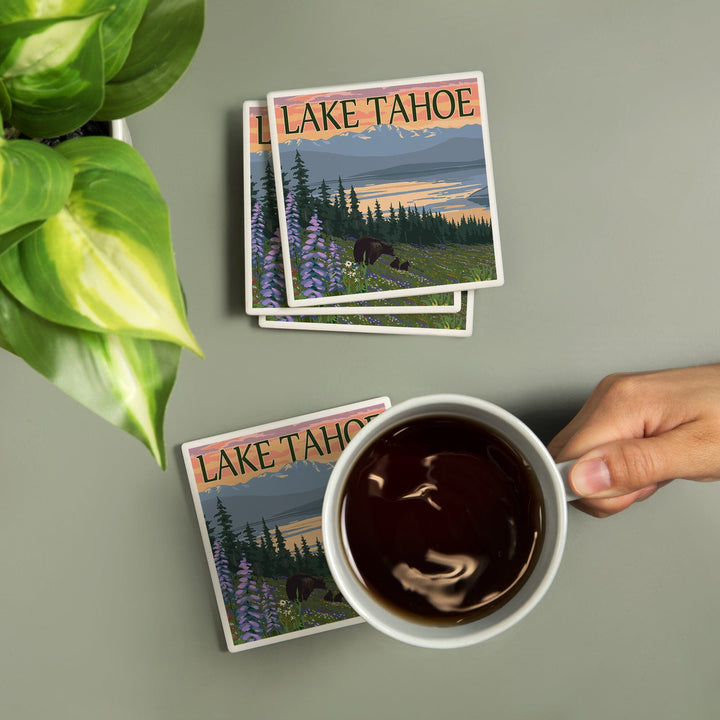 Lake Tahoe, Black Bear and Cubs and Flowers, Coasters Coasters Lantern Press