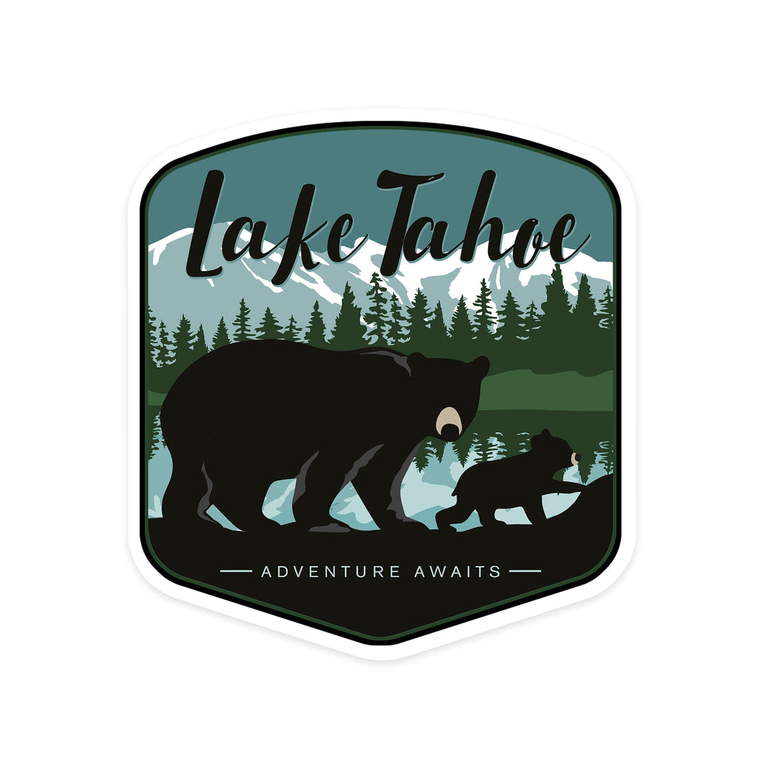 Lake Tahoe, Black Bear & Cub with Snow, Contour, Lantern Press Artwork, Vinyl Sticker - Lantern Press