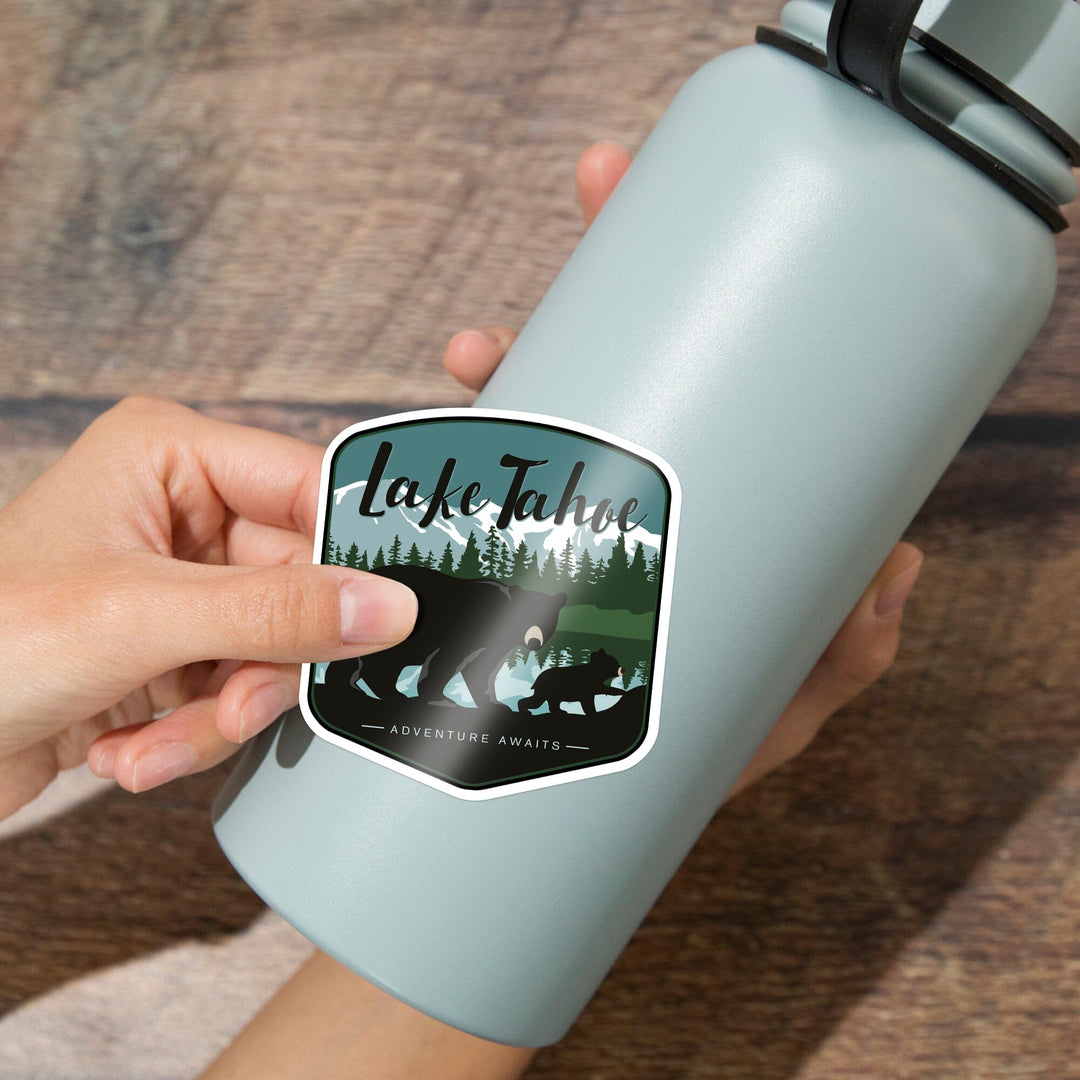 Lake Tahoe, Black Bear & Cub with Snow, Contour, Lantern Press Artwork, Vinyl Sticker - Lantern Press