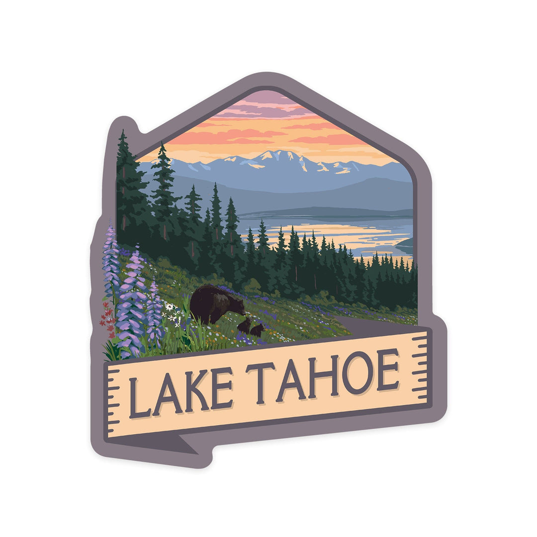 Lake Tahoe, Black Bear & Cubs with Flowers, Contour, Lantern Press Artwork, Vinyl Sticker - Lantern Press
