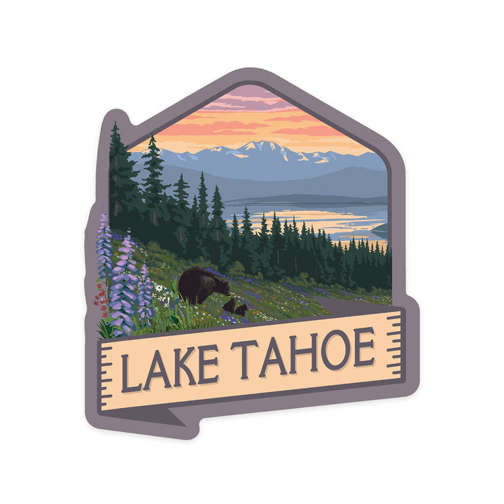 Lake Tahoe, Black Bear & Cubs with Flowers, Contour, Lantern Press Artwork, Vinyl Sticker - Lantern Press