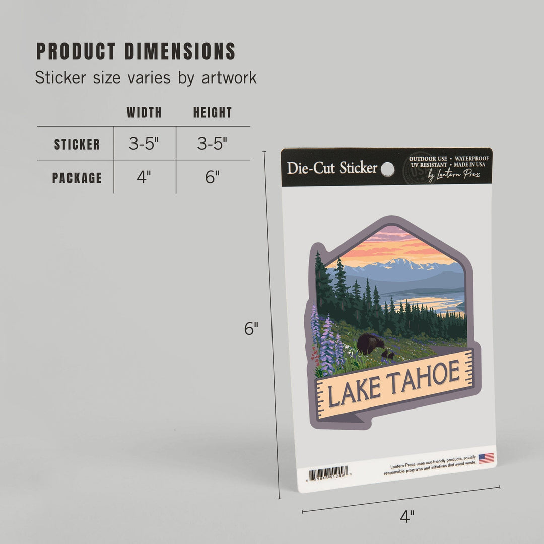 Lake Tahoe, Black Bear & Cubs with Flowers, Contour, Lantern Press Artwork, Vinyl Sticker - Lantern Press