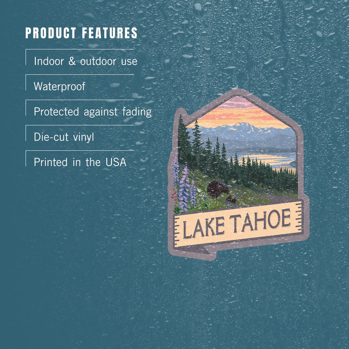 Lake Tahoe, Black Bear & Cubs with Flowers, Contour, Lantern Press Artwork, Vinyl Sticker - Lantern Press