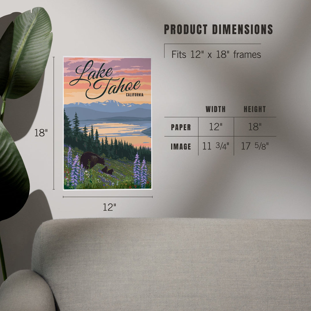 Lake Tahoe, California, Bear and Cubs with Spring Flowers, Art & Giclee Prints - Lantern Press