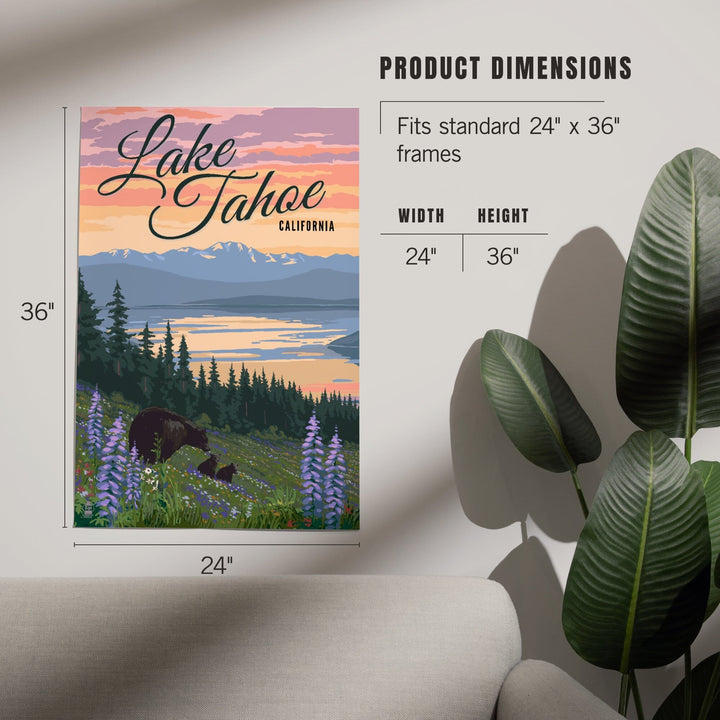 Lake Tahoe, California, Bear and Cubs with Spring Flowers, Art & Giclee Prints - Lantern Press