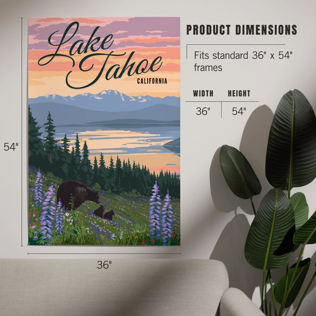 Lake Tahoe, California, Bear and Cubs with Spring Flowers, Art & Giclee Prints - Lantern Press