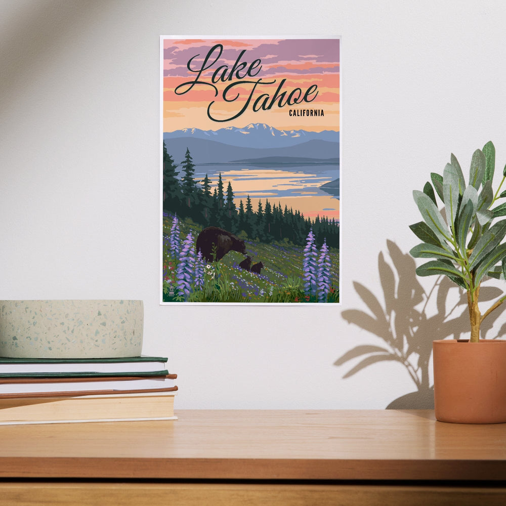 Lake Tahoe, California, Bear and Cubs with Spring Flowers, Art & Giclee Prints - Lantern Press