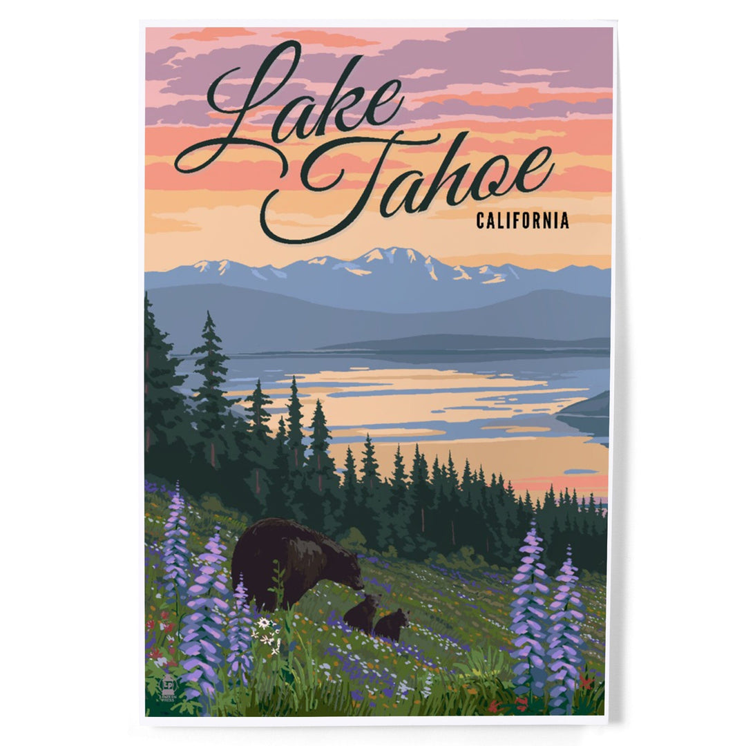 Lake Tahoe, California, Bear and Cubs with Spring Flowers, Art & Giclee Prints - Lantern Press