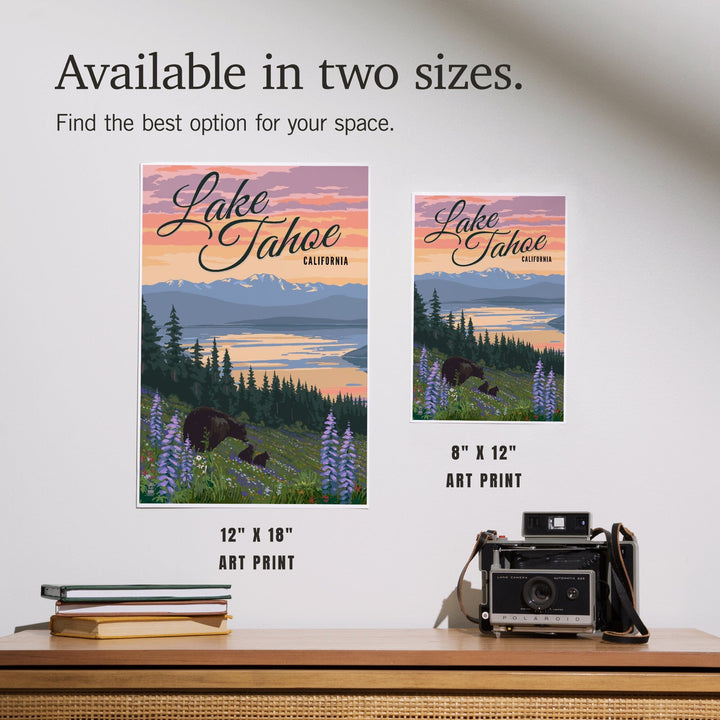 Lake Tahoe, California, Bear and Cubs with Spring Flowers, Art & Giclee Prints - Lantern Press