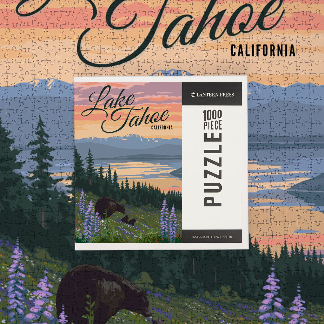 Lake Tahoe, California, Bear and Cubs with Spring Flowers, Jigsaw Puzzle Puzzle Lantern Press