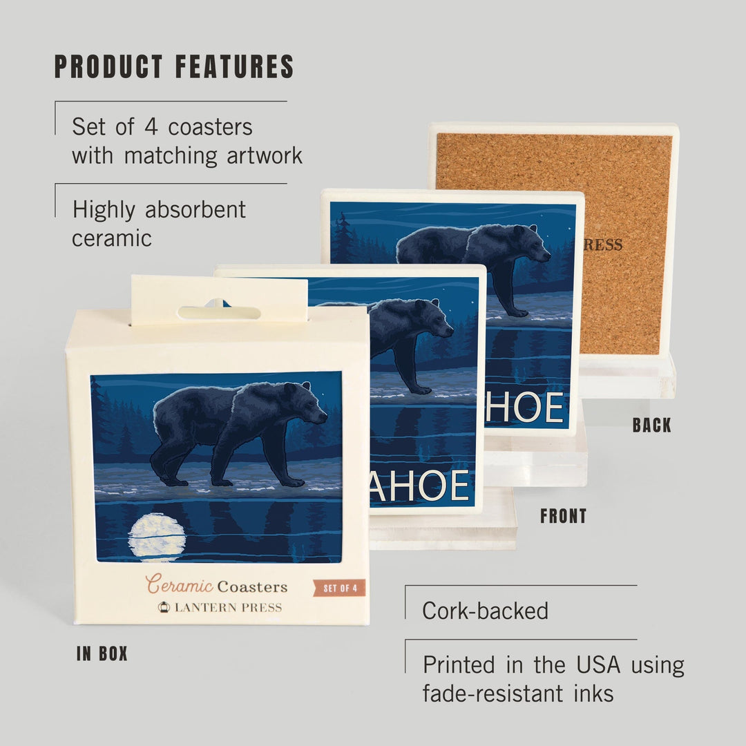 Lake Tahoe, California, Bear at Night, Coasters Coasters Lantern Press